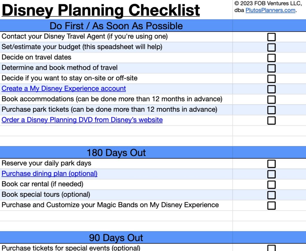 A screenshot of the Planning Checklist tab in the Pluto's Planners Disney World spreadsheet, listing trip preparation tasks with due dates and checkboxes.